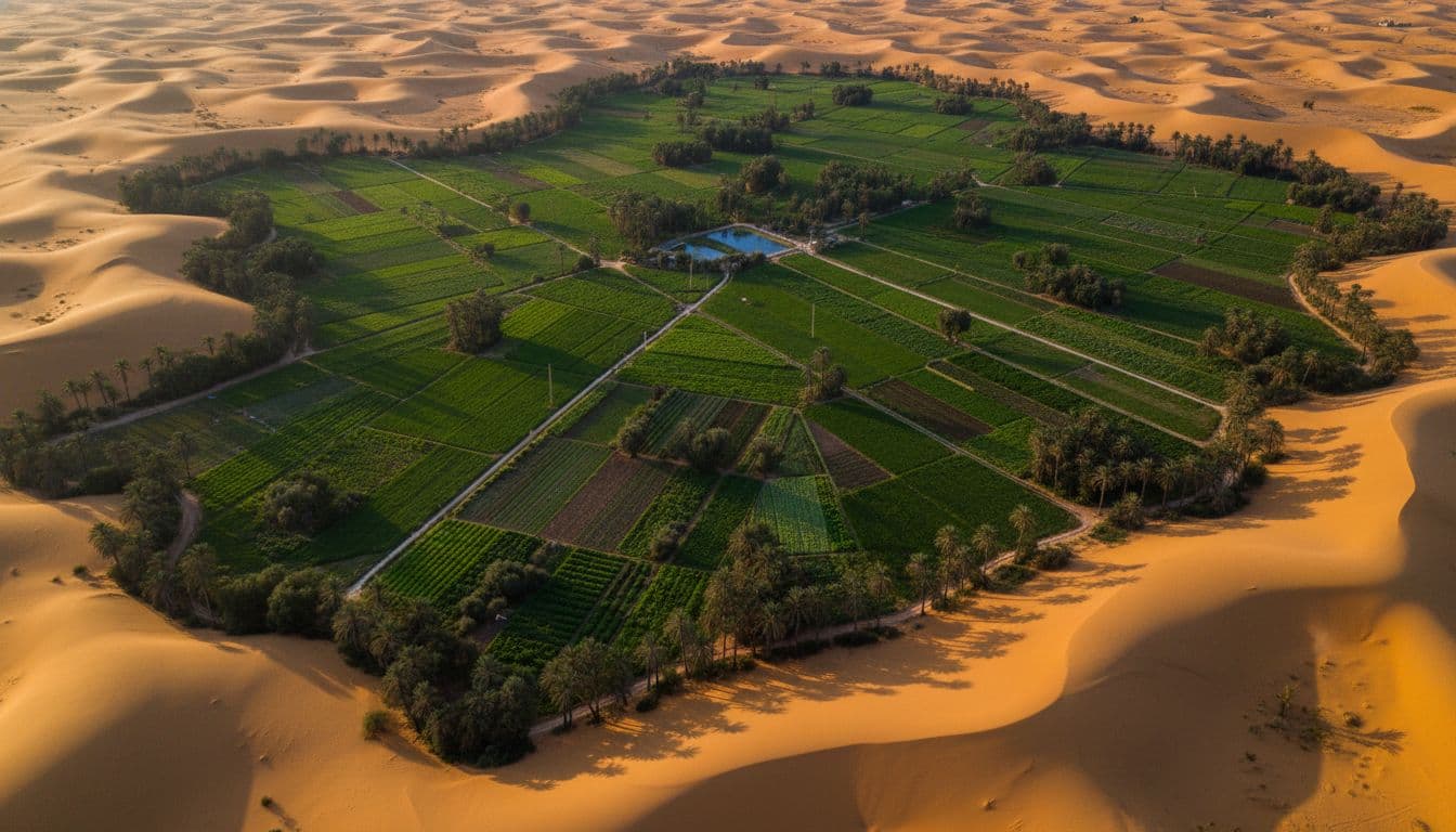 Aerial view of VENI FARMS organic estate showing organized farm plots in Kharga Oasis